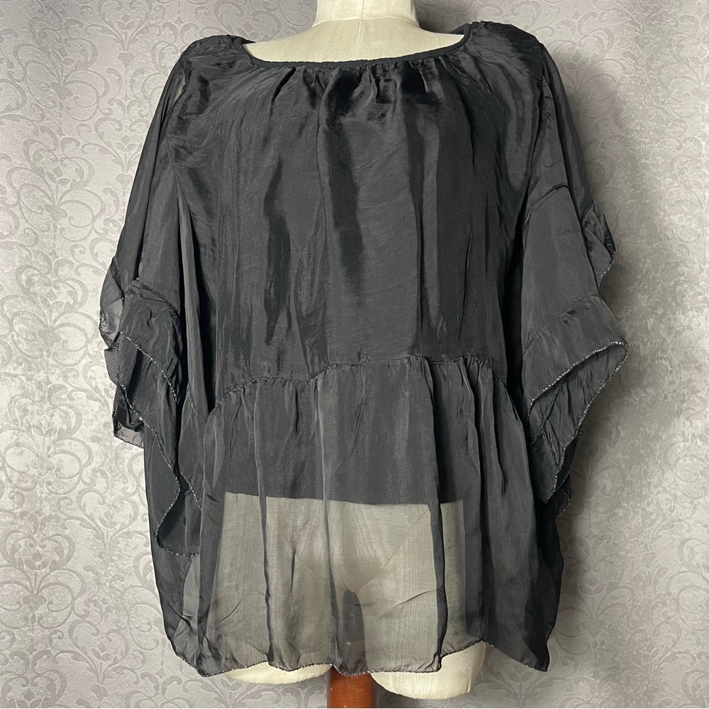 Tempo Paris Sheer Silk Black Blouse flounce sleeve Fairy Grunge  Black Sz M